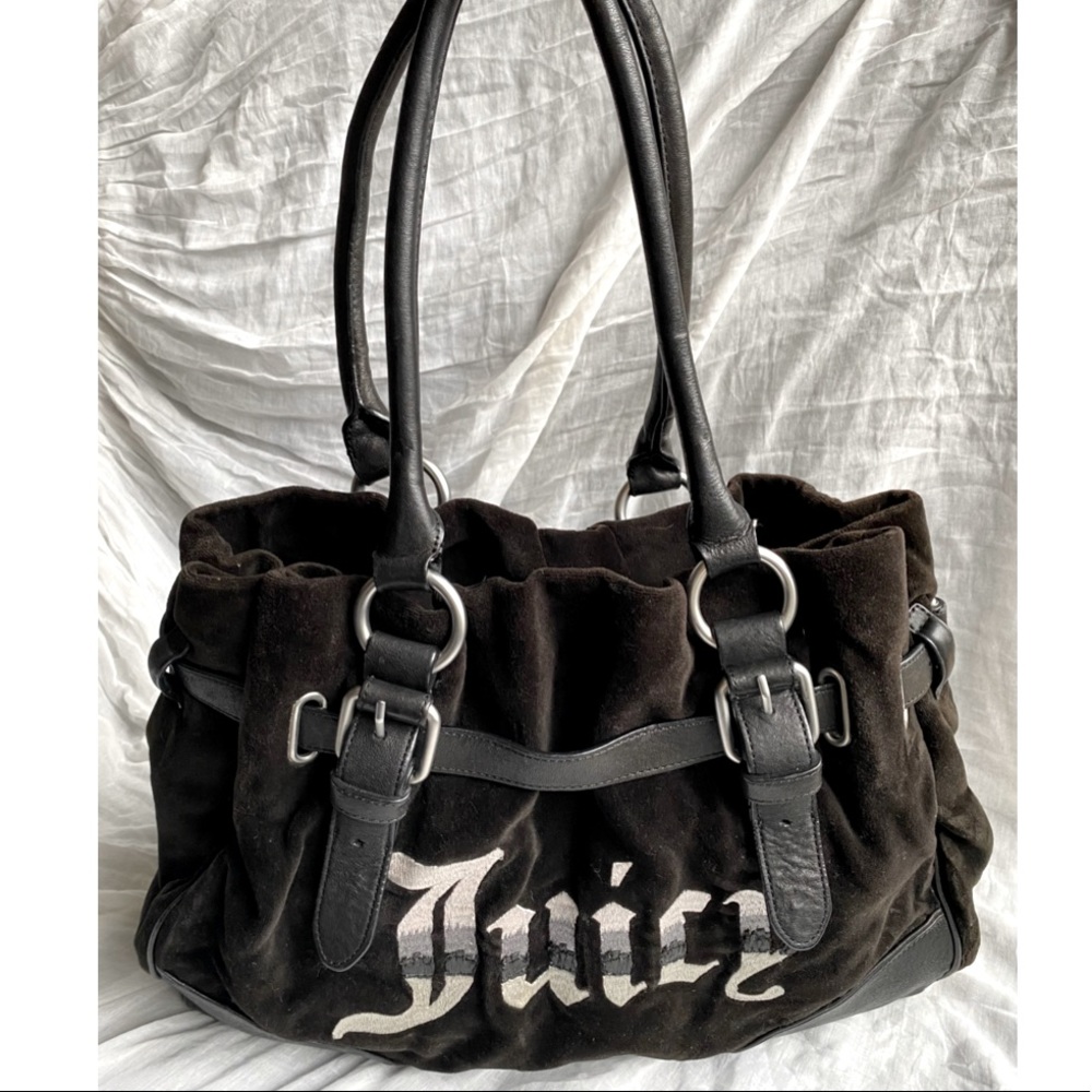 Juicy Couture Black Velvet Embroidered Logo Satchel Bucket Bag
